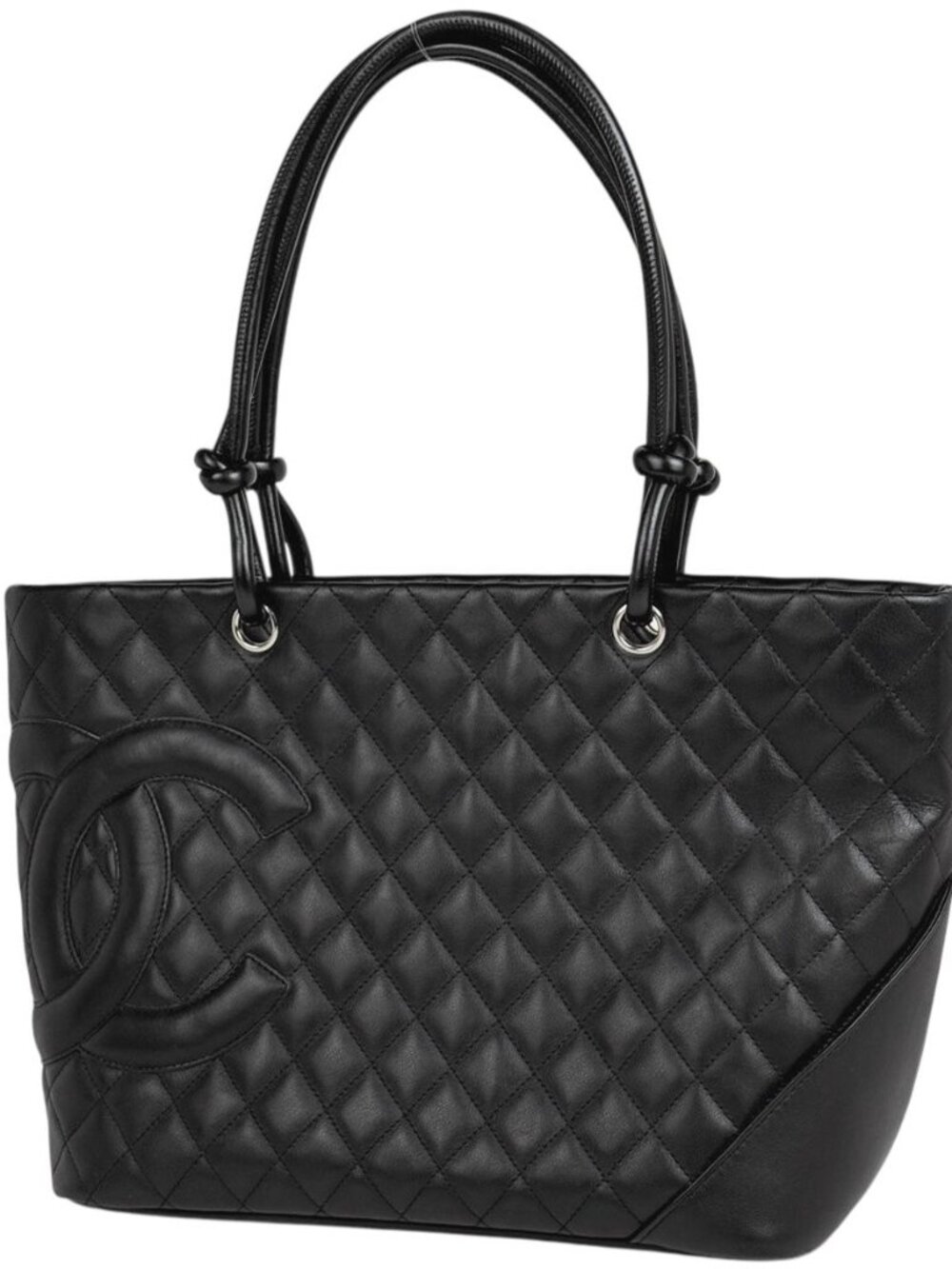 Chanel Cambon Line Large Tote CC Logo Shoulder Bag Leather Black